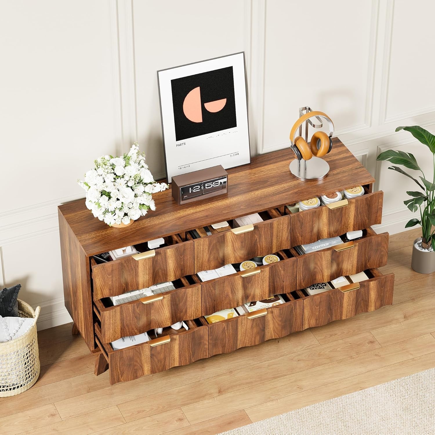Walnut 9 Drawer Dresser With Fluted Fronts For Bedroom-4