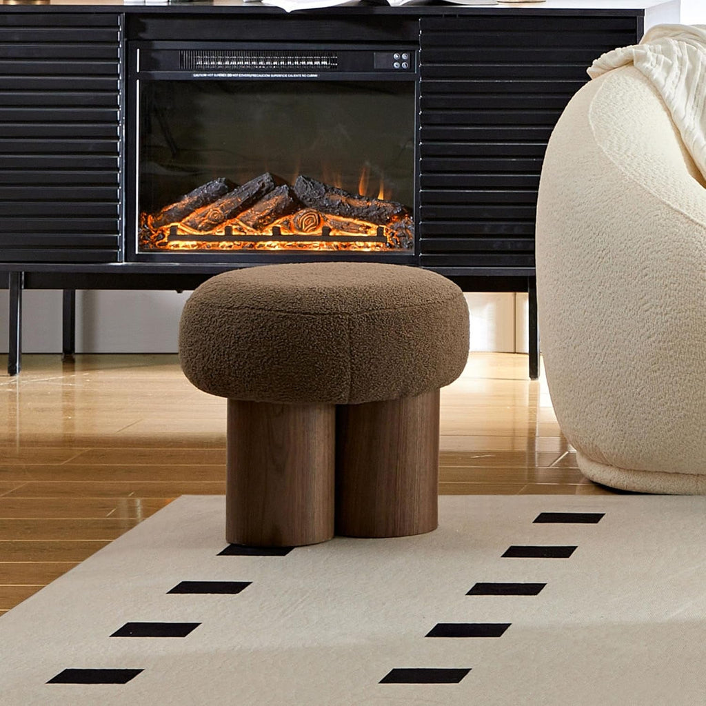 Compact Round Footstool Ottoman Brown Teddy Fabric-2