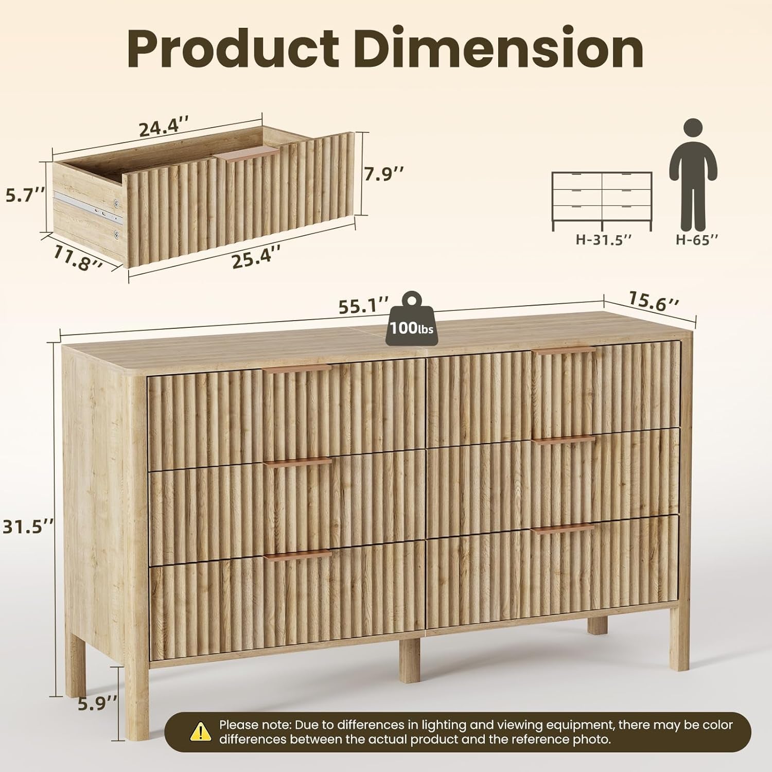 Solid Oak 55 Inch Wide Dresser With Six Drawers For Bedroom-1