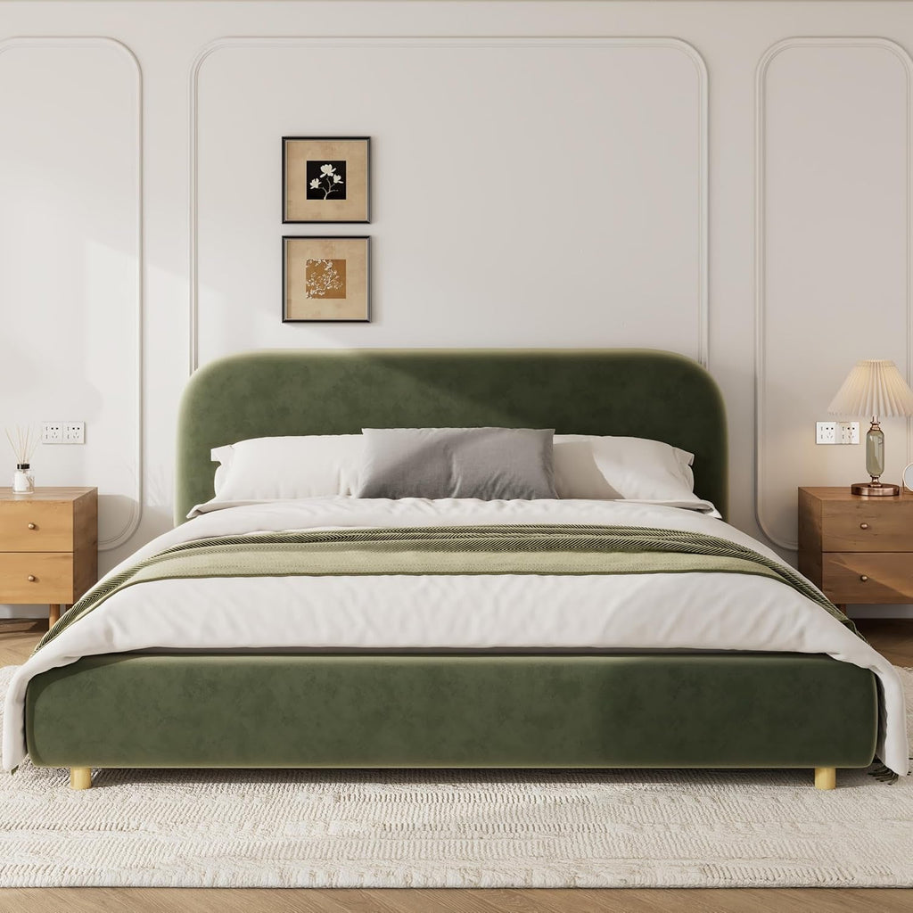 King Size Olive Green Boucle Upholstered Platform Bed-2