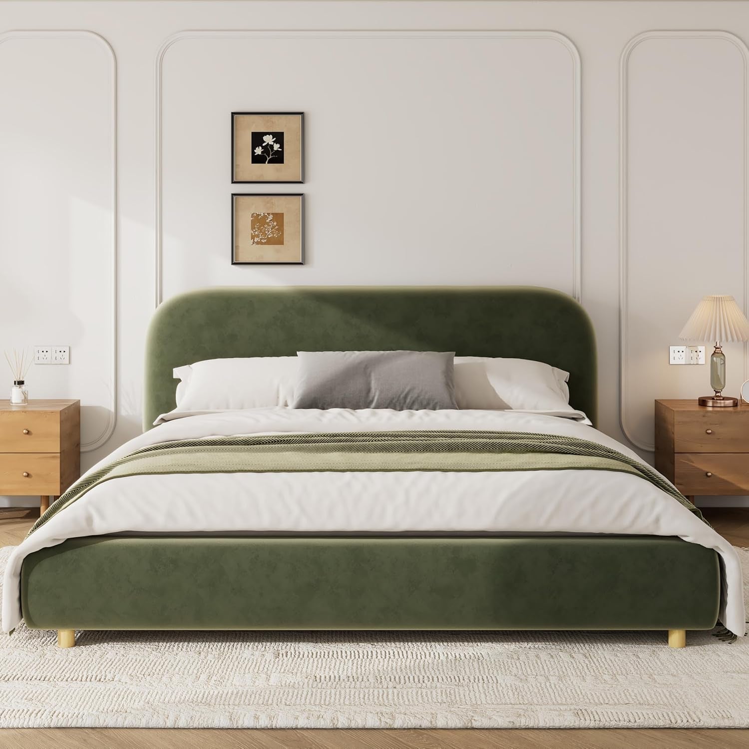 King Size Olive Green Boucle Upholstered Platform Bed-2