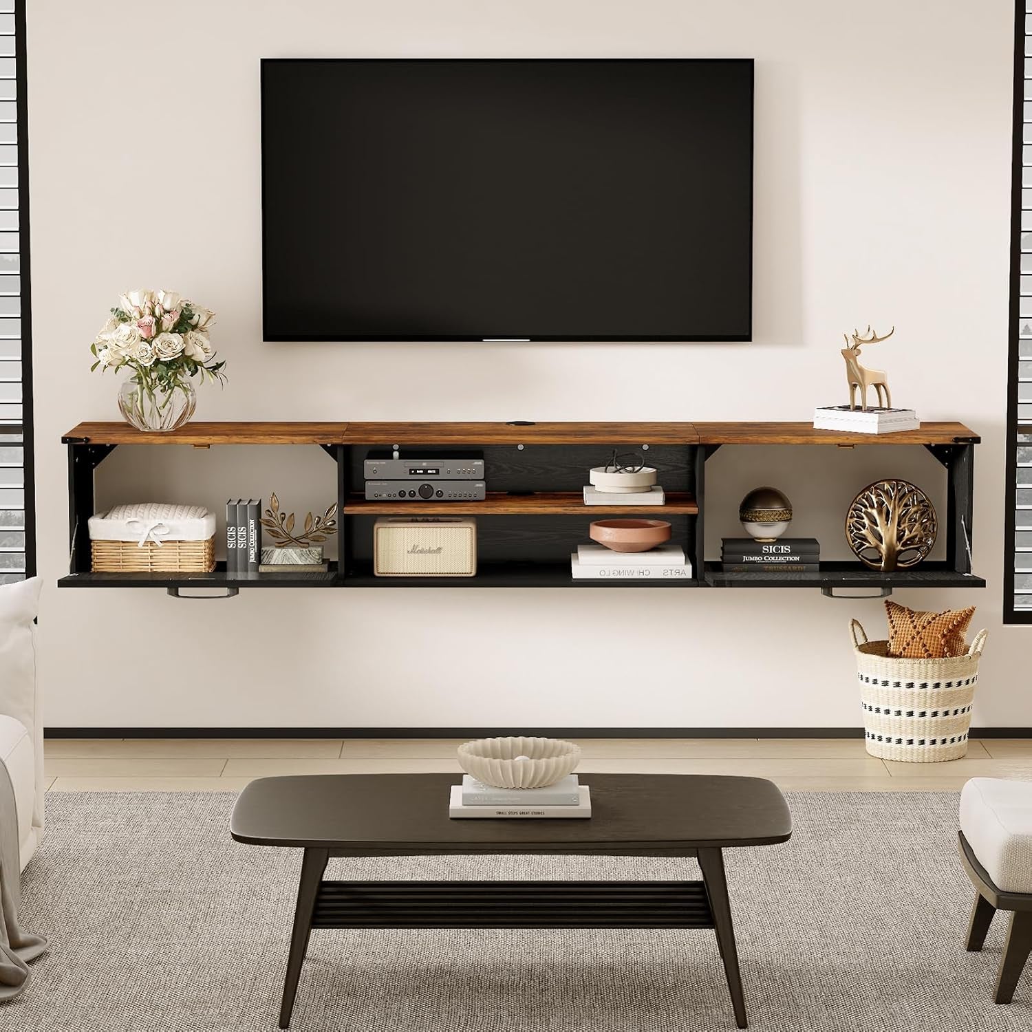 Seventy Inch Floating TV Stand Featuring Doors Black-1