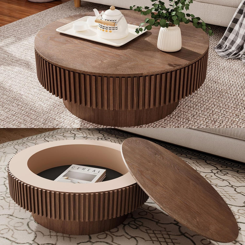 Walnut Round Coffee Table With Hidden Storage Compartment-0
