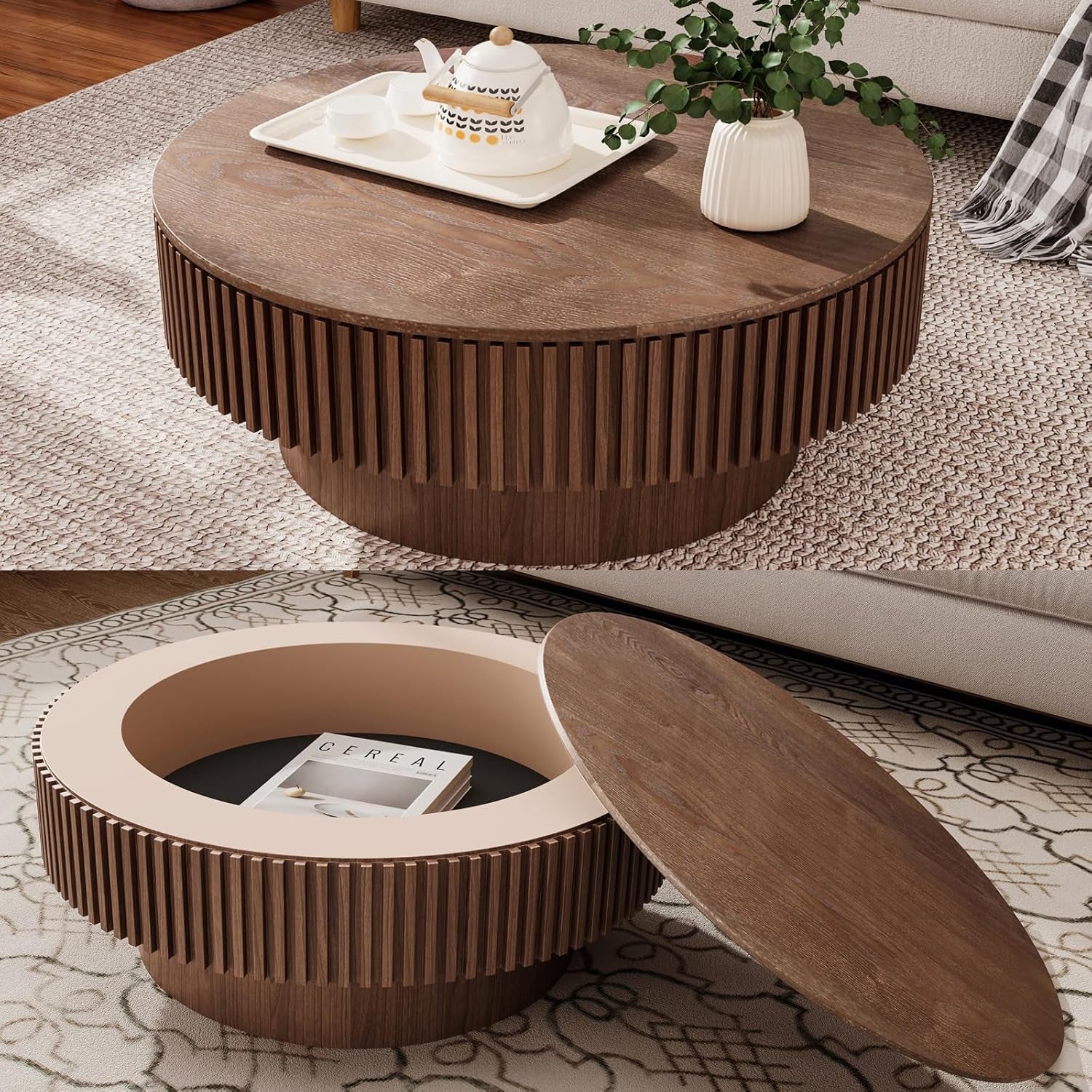 Walnut Round Coffee Table With Hidden Storage Compartment-0