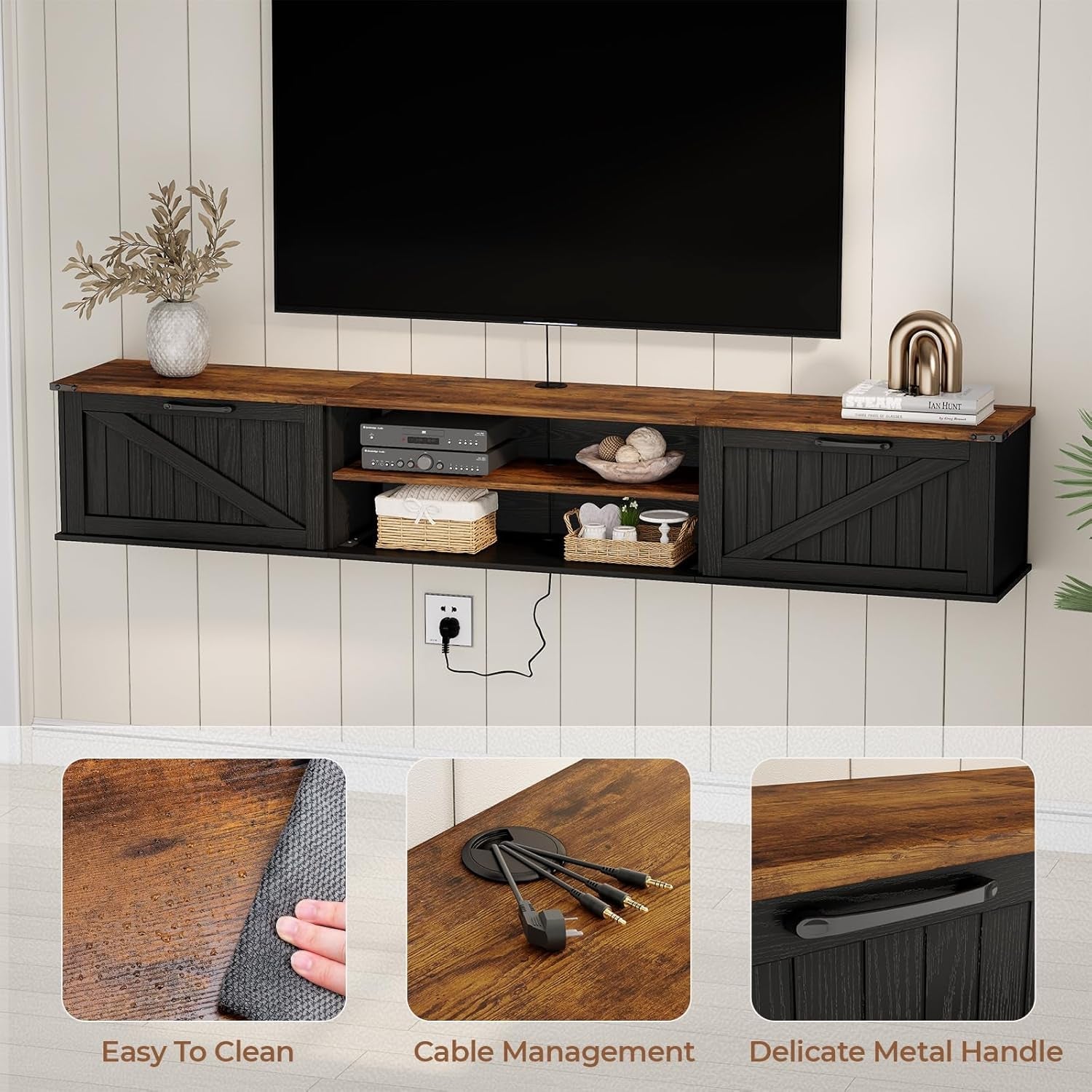 Seventy Inch Floating TV Stand Featuring Doors Black-3