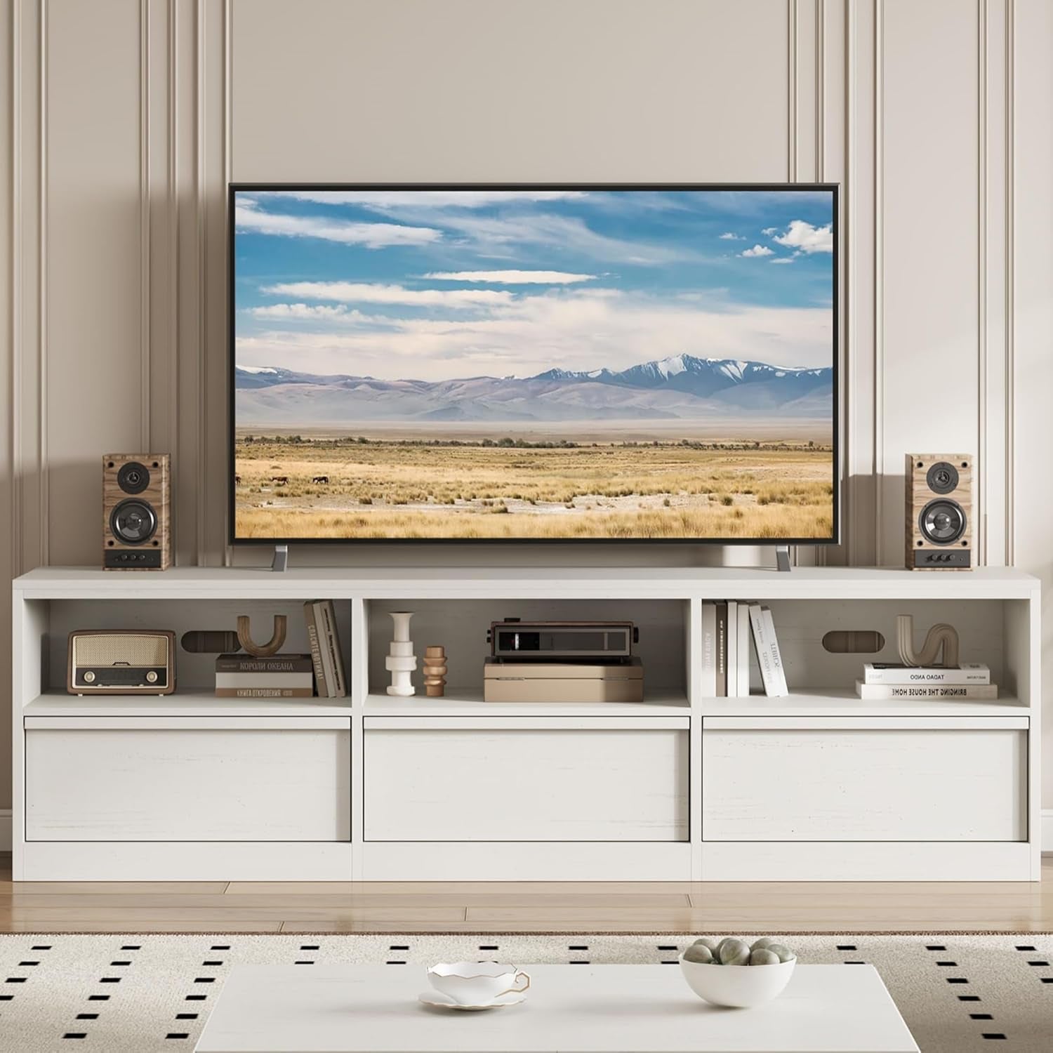 70-In TV Stand Heavy-Duty Mid-Century White Entertainment Center-3