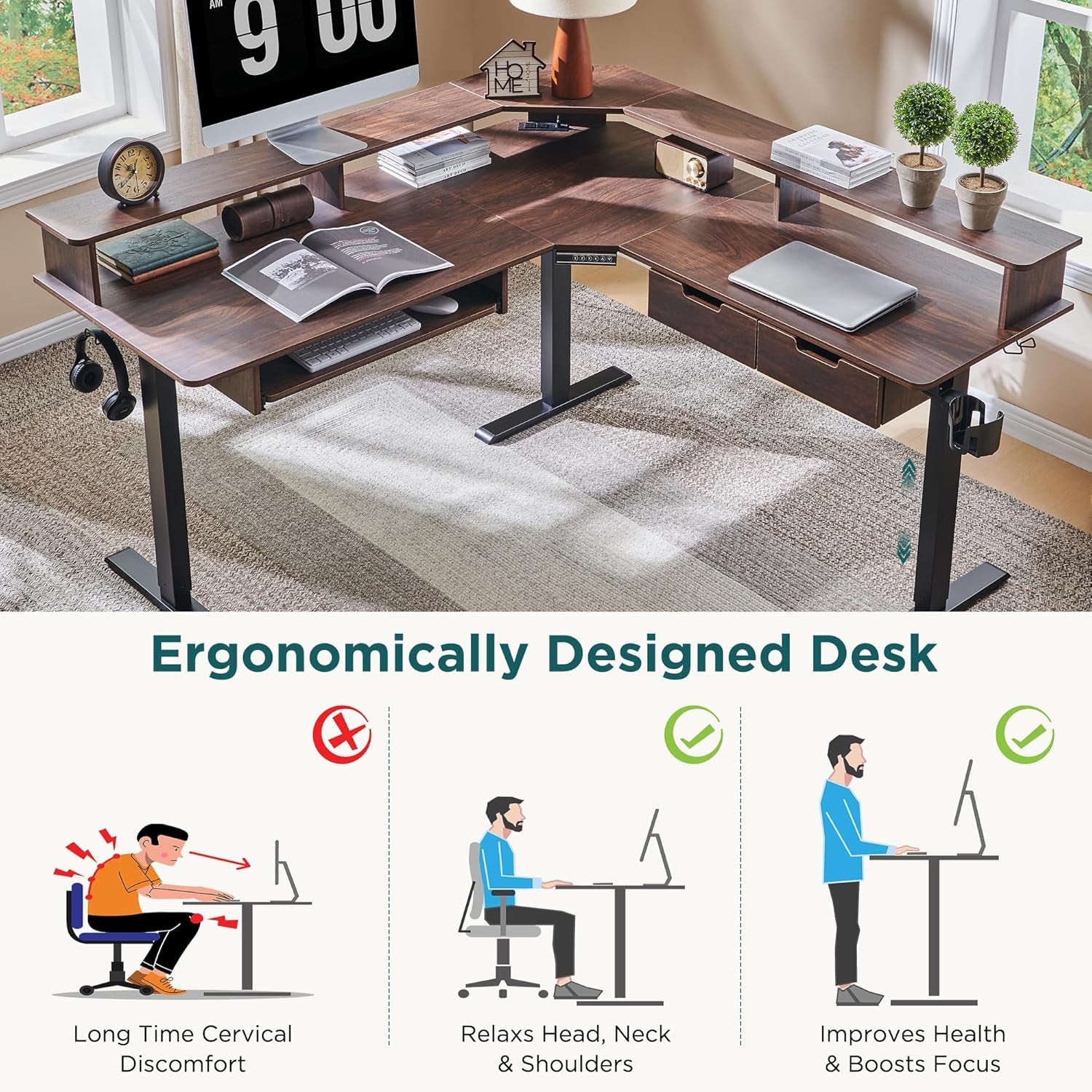 60 Inch Elevated Electric Standing Desk Dark Walnut-3