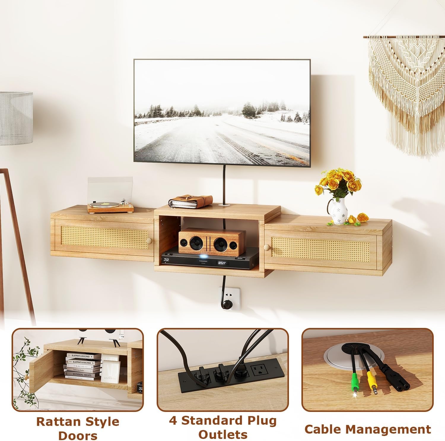 Floating TV Stand 55 Inch Natural Rattan Storage Unit-3