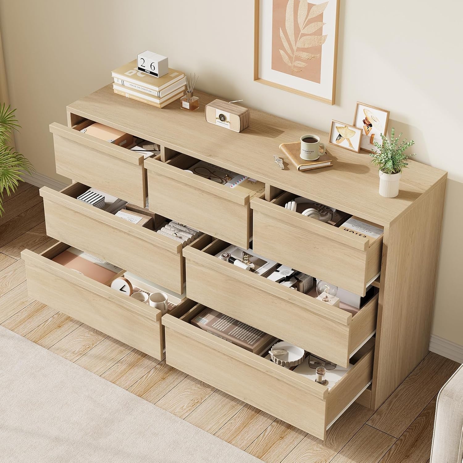 54 Inch Premium Oak Finish Seven Drawer Solid Wood Storage Top Dresser-3