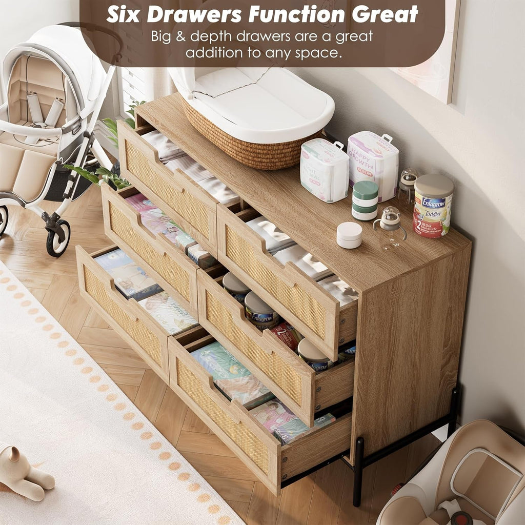 Rattan Open work Braided Chest Of Six Drawers Walnut Finish-2