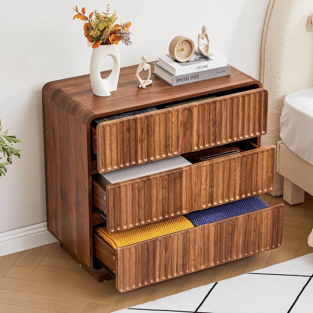 Walnut Fluted Three Drawer Dresser 31 Inch Wide Storage-3