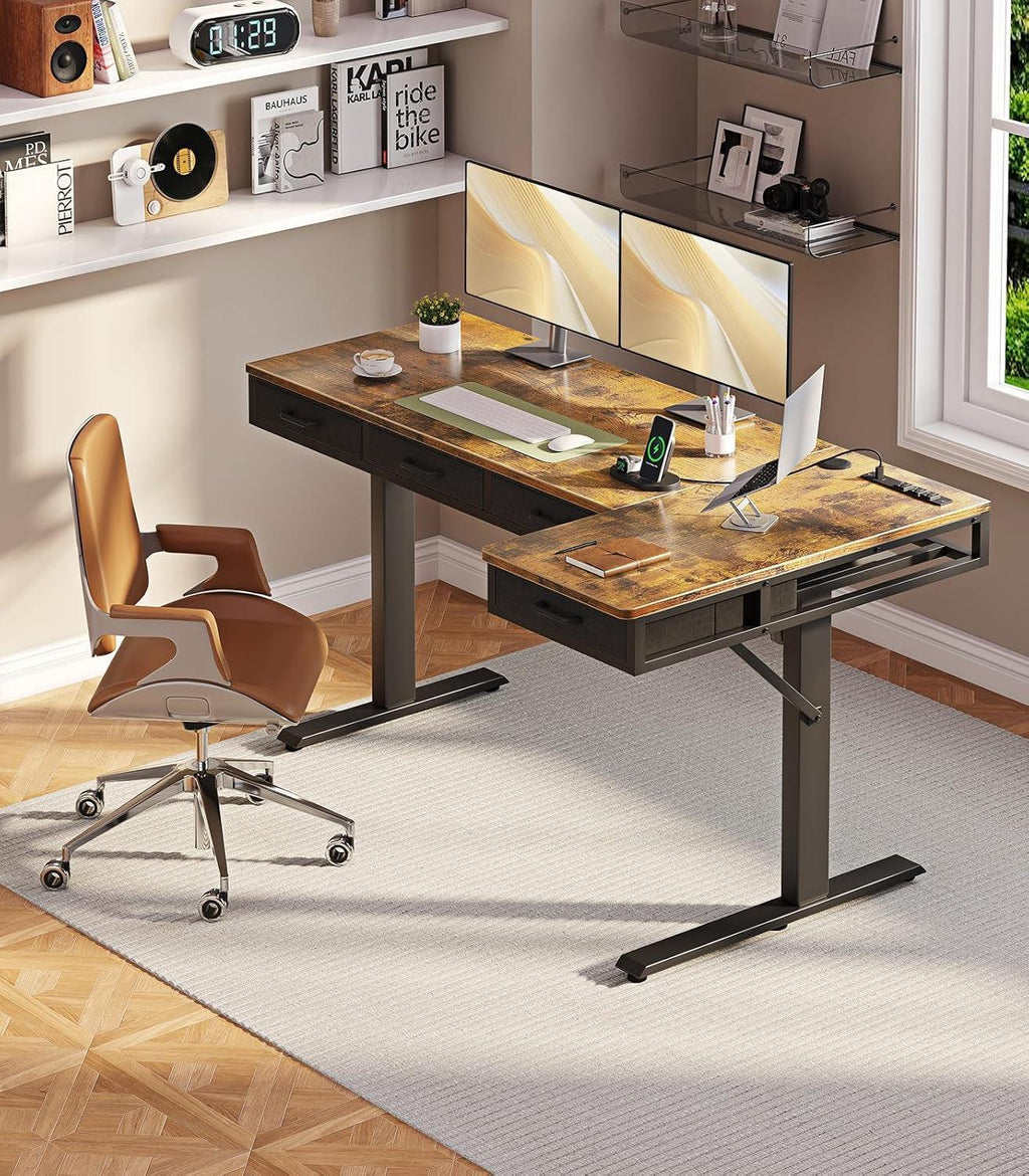 Sixty Three Inch L Shaped Electric Height Adjustable Desk Drawers-1