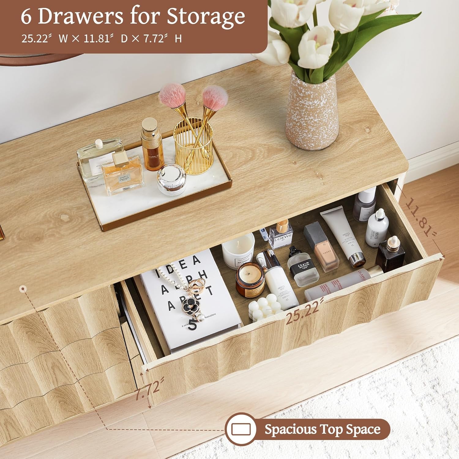 Fluted Six Drawer Dresser Walnut Finish FiftyThreeInchWide-2