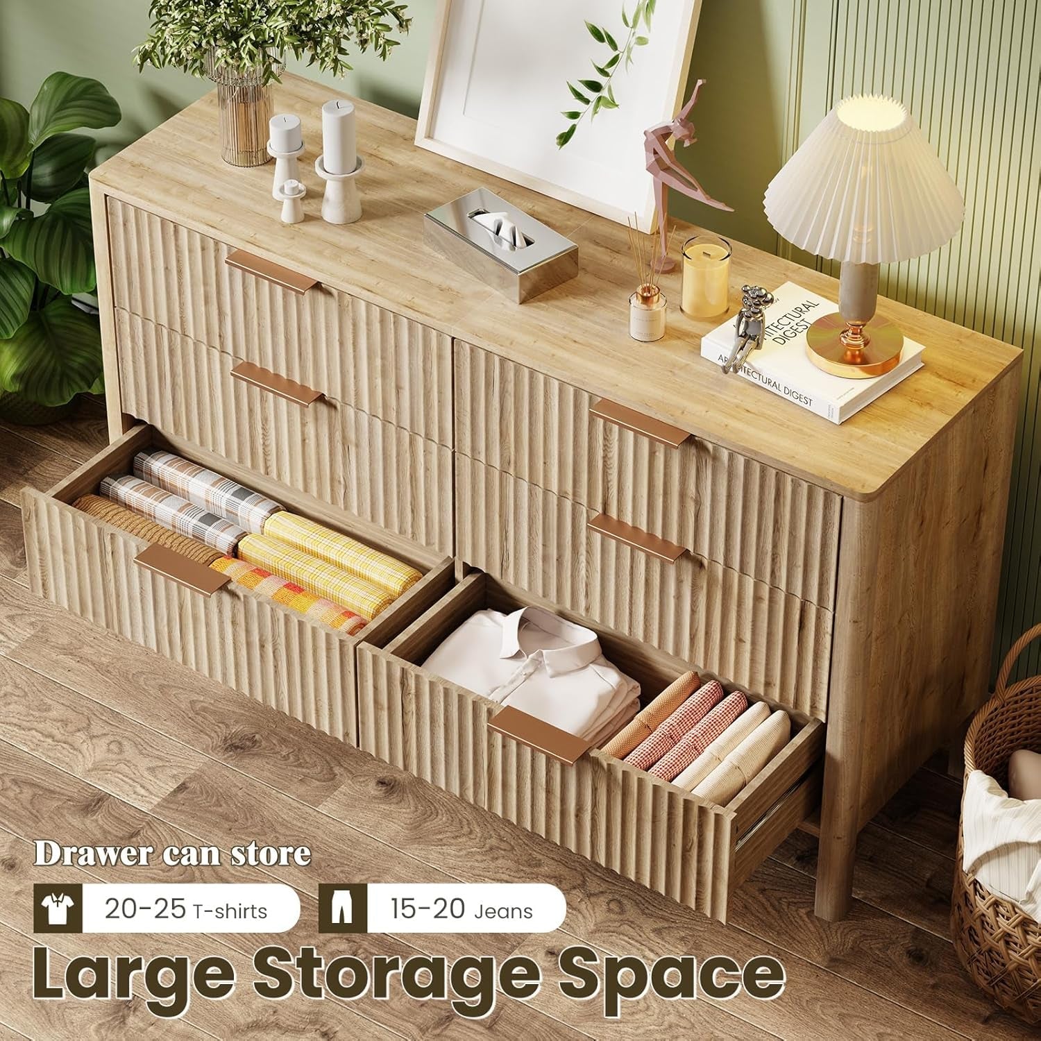 Solid Oak 55 Inch Wide Dresser With Six Drawers For Bedroom-2