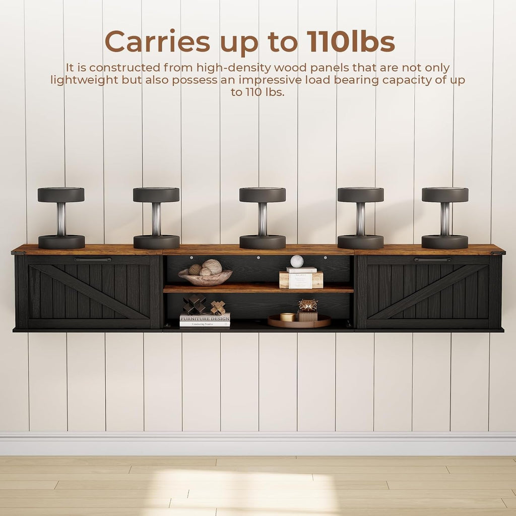 Seventy Inch Floating TV Stand Featuring Doors Black-4