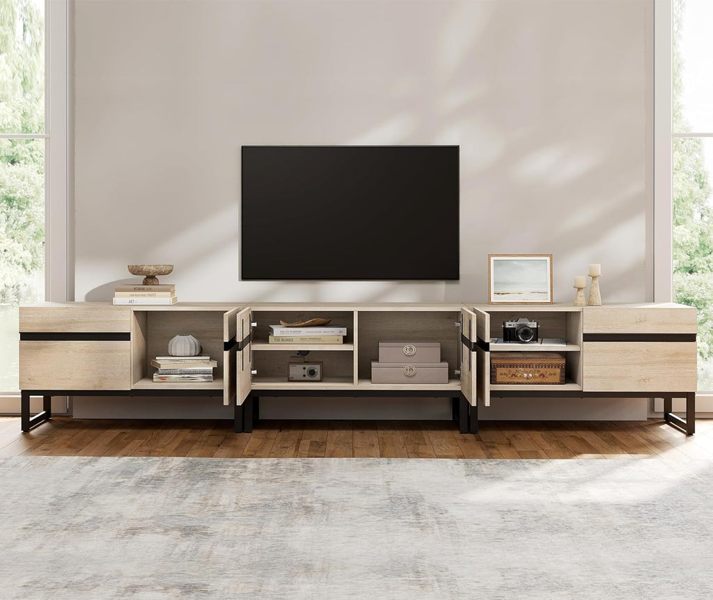 110 Inch TV Stand Solid Oak Finish With Hidden Storage-3