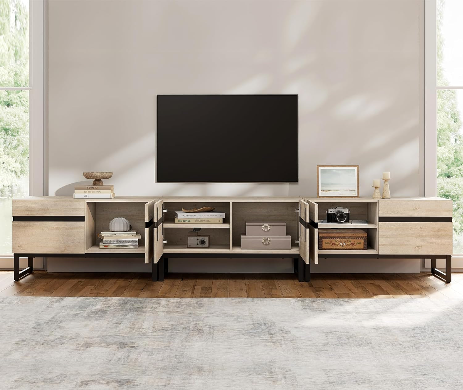 110 Inch TV Stand Solid Oak Finish With Hidden Storage-3