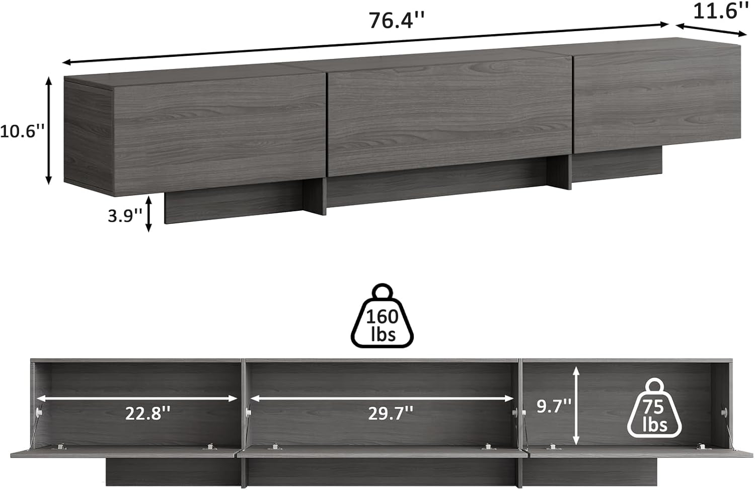 76 Inch Modern TV Stand Grey Entertainment Center With Three Drawers-1