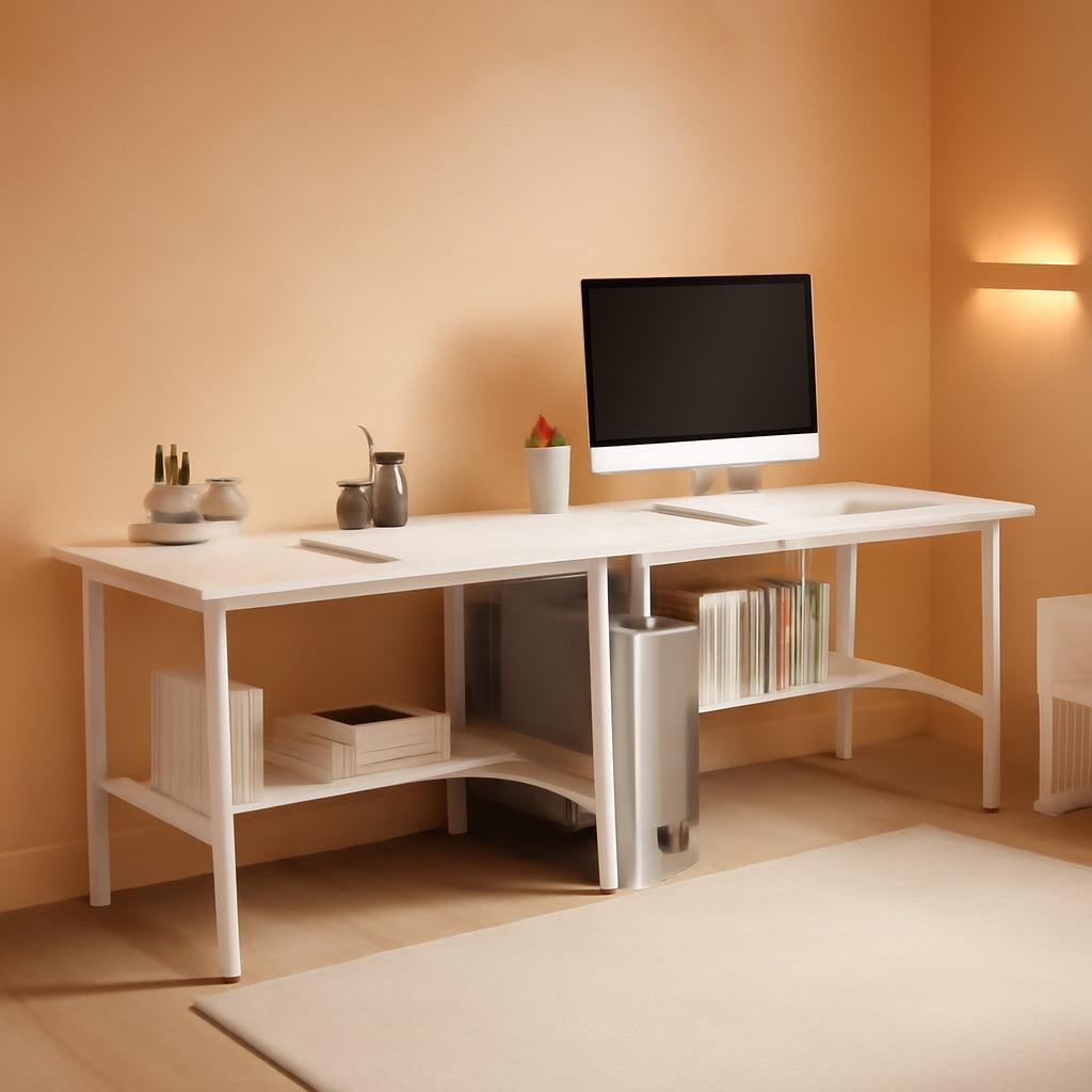 Two Person Desk With BuiltIn Bookshelf 79Inch White-0