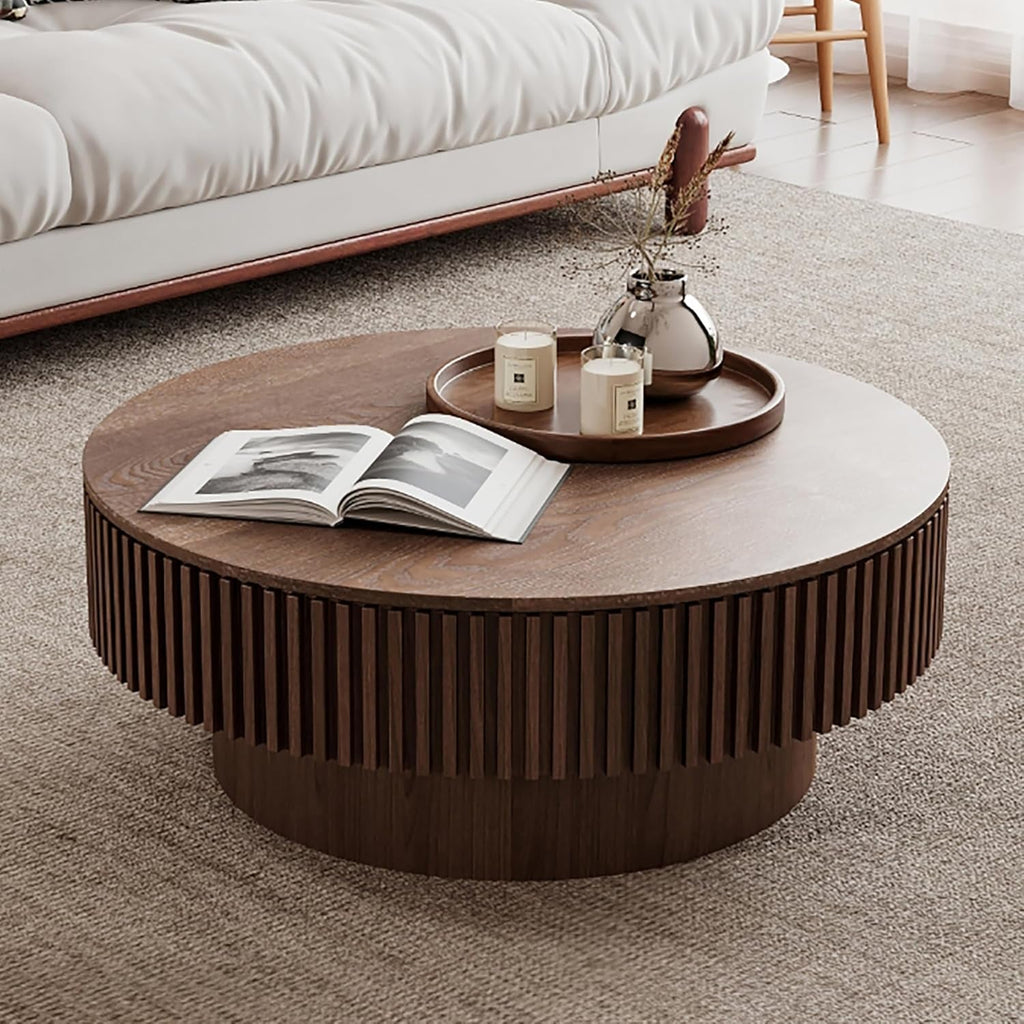 Walnut Round Coffee Table With Hidden Storage Compartment-4