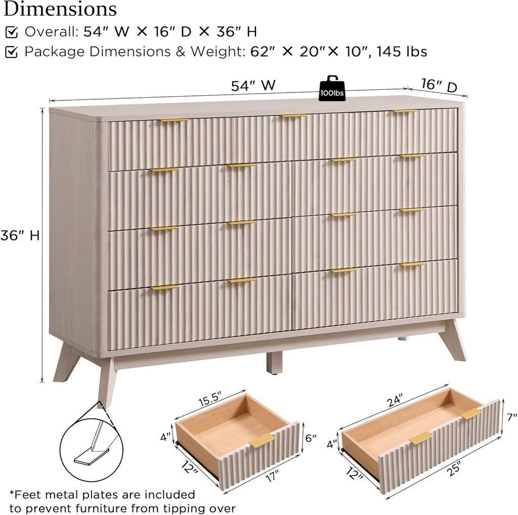 White Alder Fluted Dresser Nine Drawers Fifty Four Inch Wide-1
