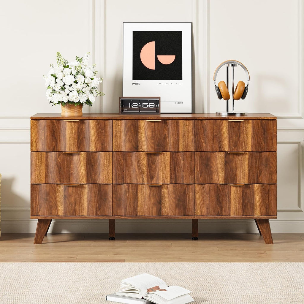 Walnut 9 Drawer Dresser With Fluted Fronts For Bedroom-2