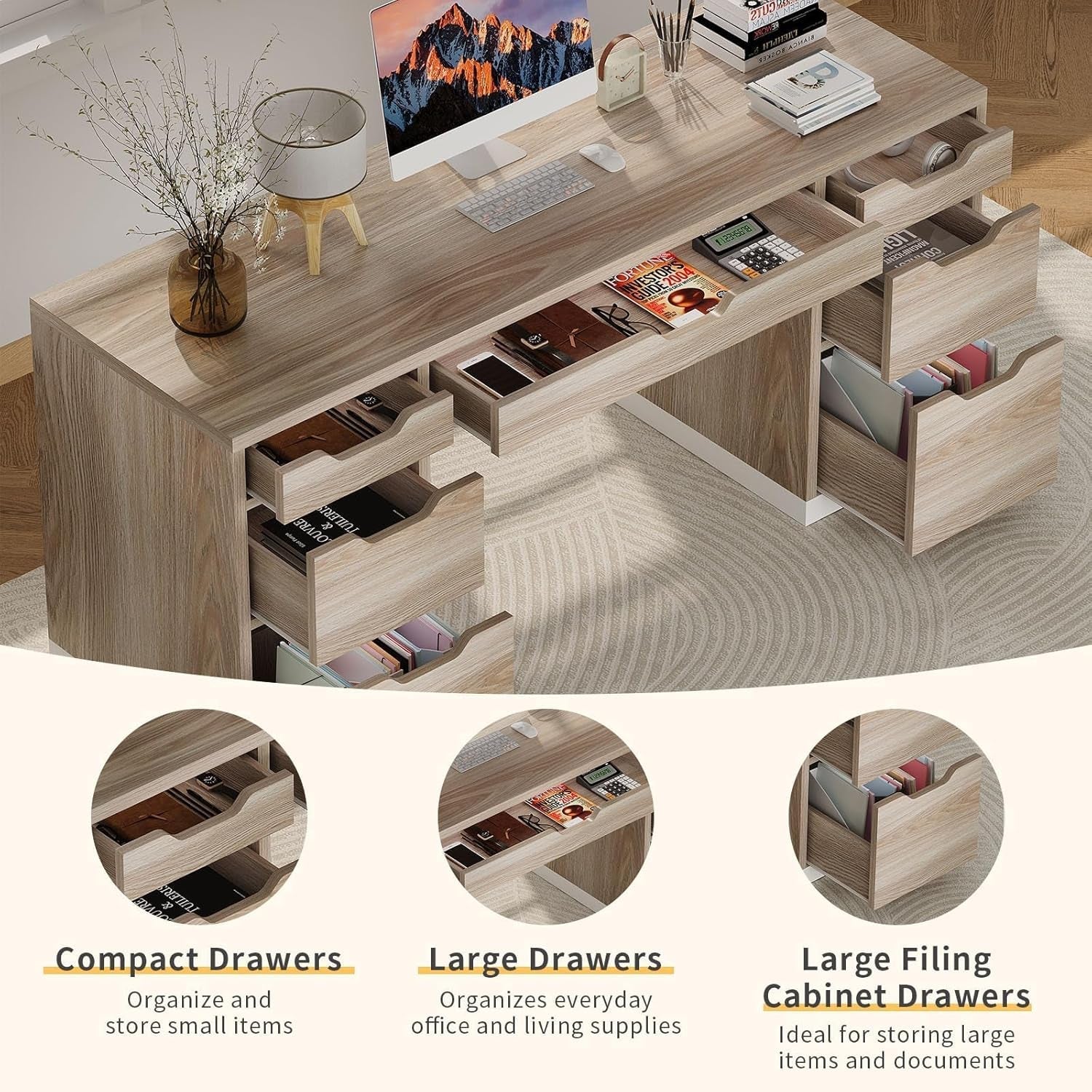 54 Inch Computer Desk With Storage Drawers White Walnut-3