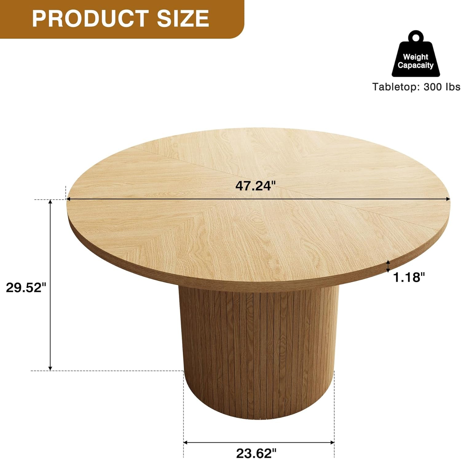 47 Inch Round Dining Table Natural Wood Farmhouse Fluted-1
