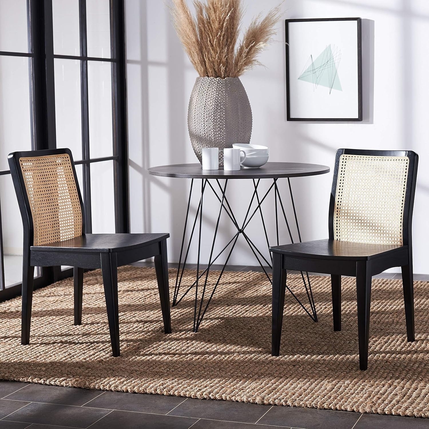 Dining Chairs Set Of 2 Black Natural Rattan Back For Dining Room-3