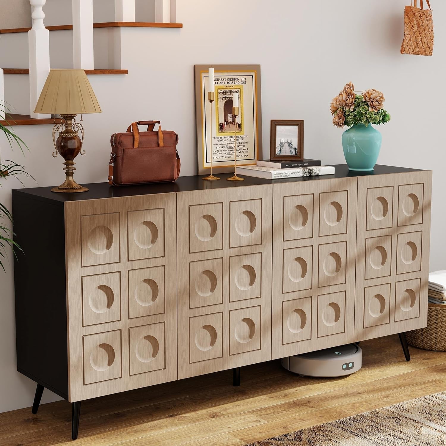 63 Inch Oak And Black Mid Century Modern Sideboard-0