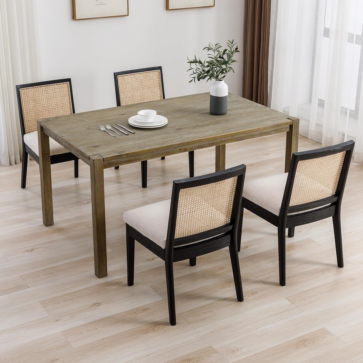 Rattan Dining Chairs Set Of Six Two Tone Black Cream Finish-2