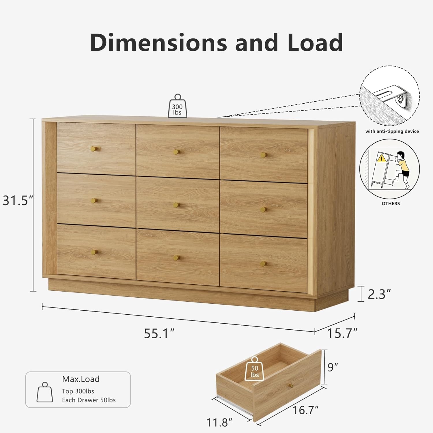 Nine Drawer Dresser 55 Inch Golden Oak UltraWoodgrain-1