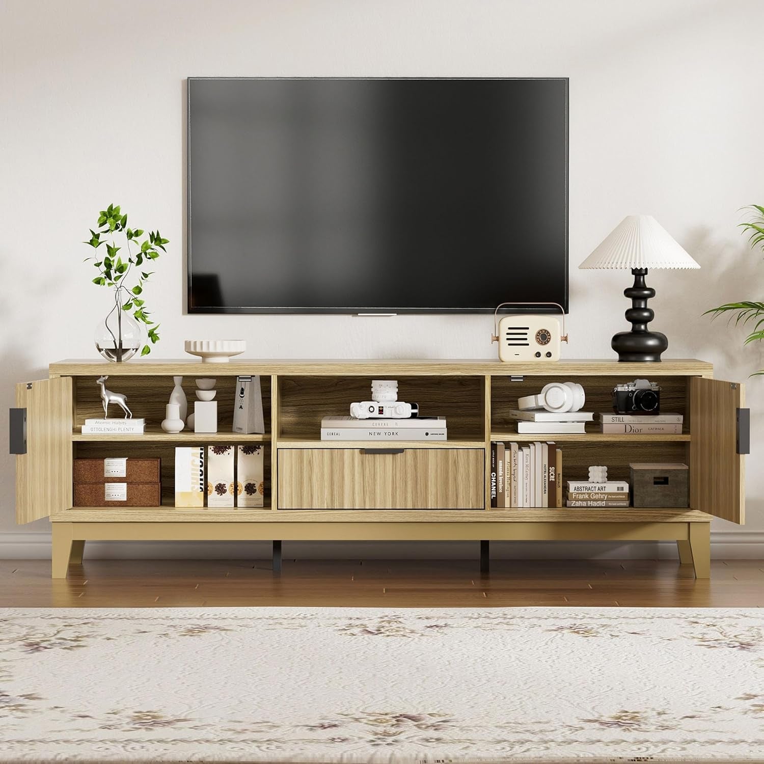 59 Inch Fluted TV Stand With Entertainment Center Storage-2