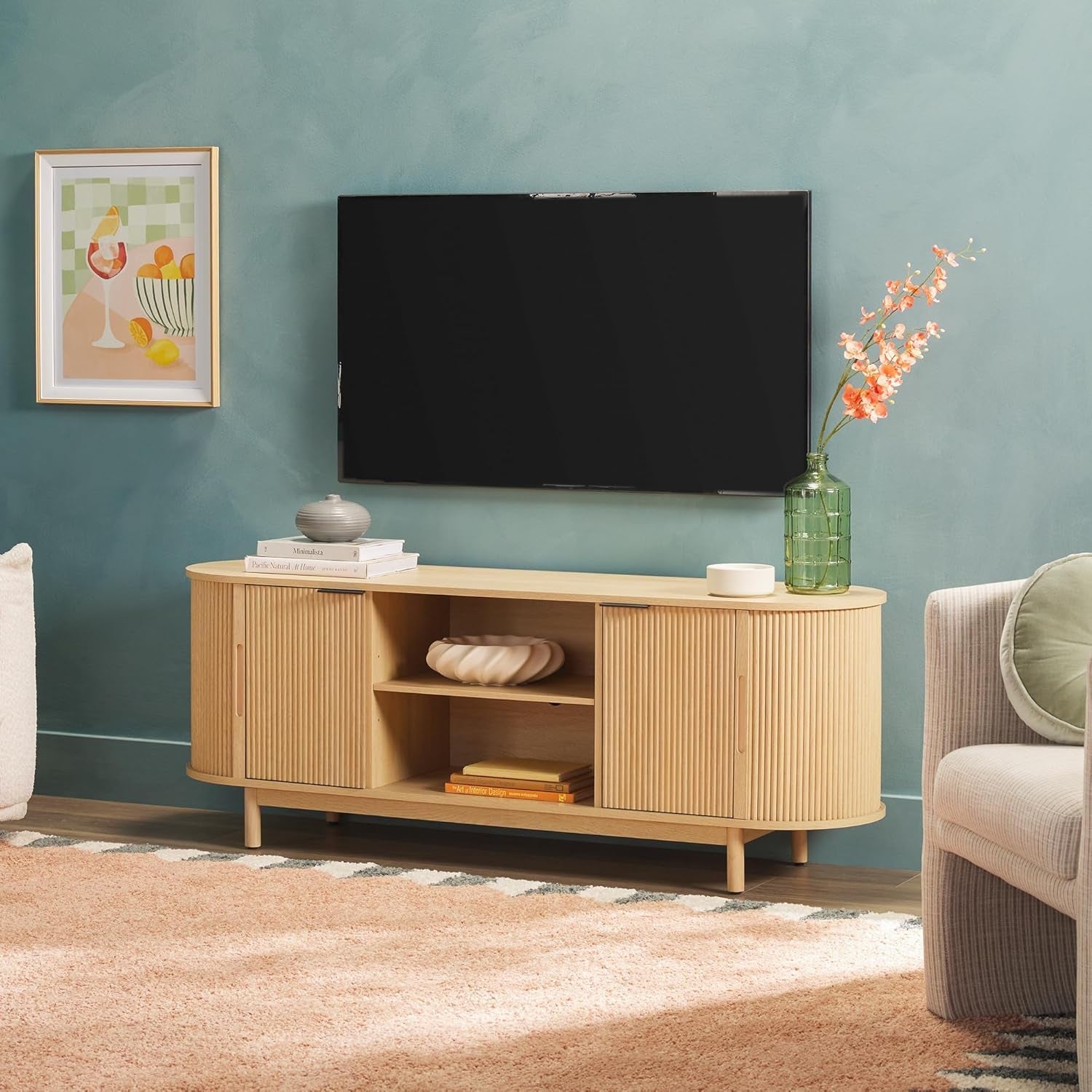 Sixty FiveInch Curved Premium Coastal Oak Finish TV Stand-3