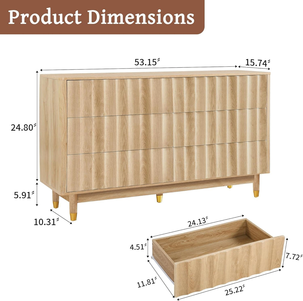 Fluted Six Drawer Dresser Walnut Finish FiftyThreeInchWide-1