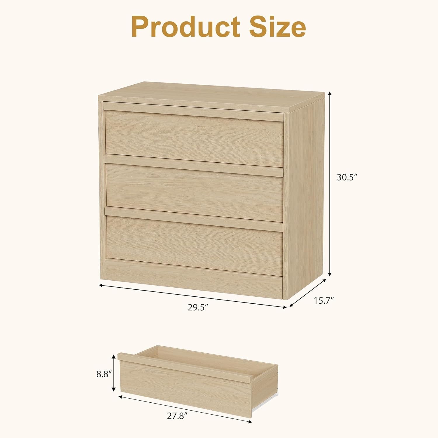 Natural Oak 3-Drawer Dresser With Generous Storage-1