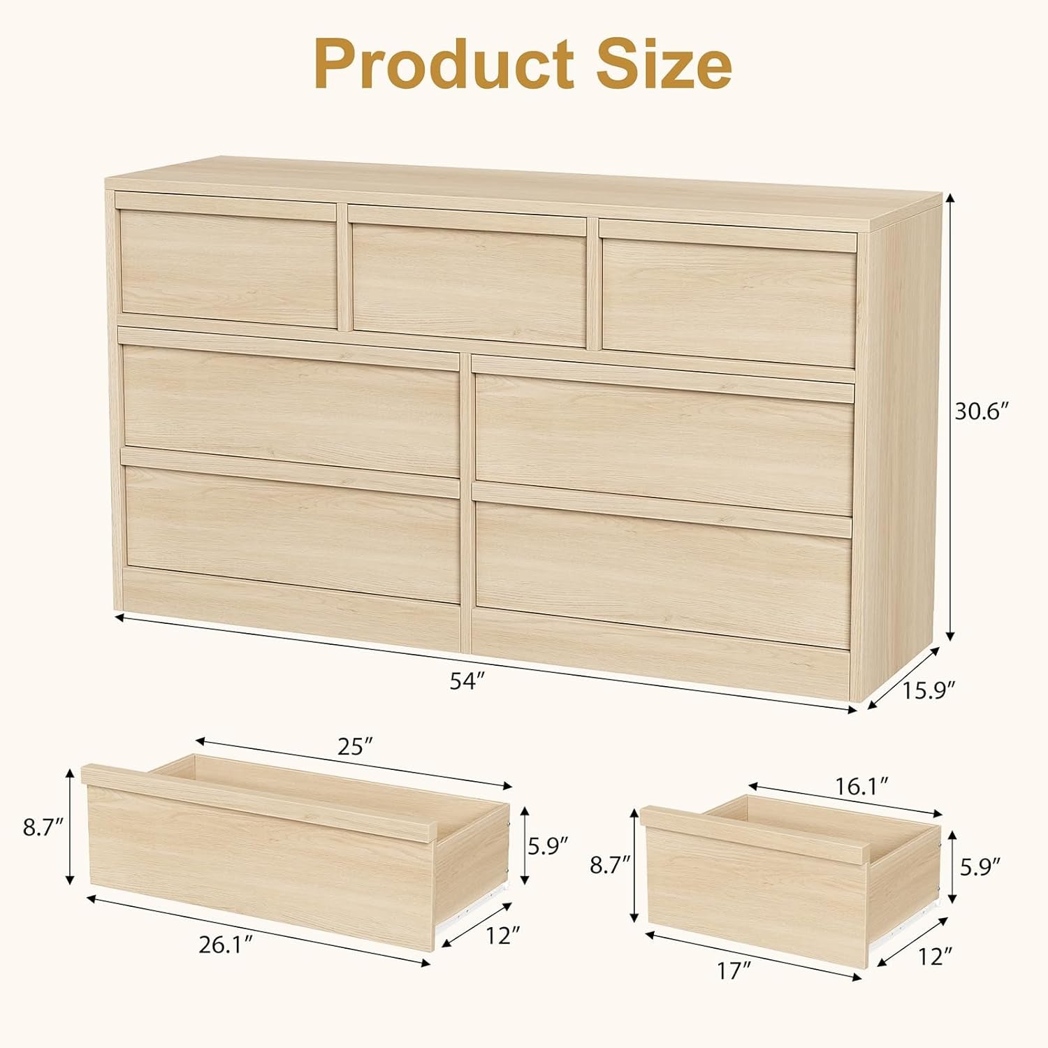 54 Inch Premium Oak Finish Seven Drawer Solid Wood Storage Top Dresser-1