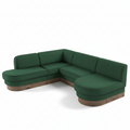Trộm vía Arcadia emerald green performance fabric L-shaped banquette with curved ends and wood base with storage.