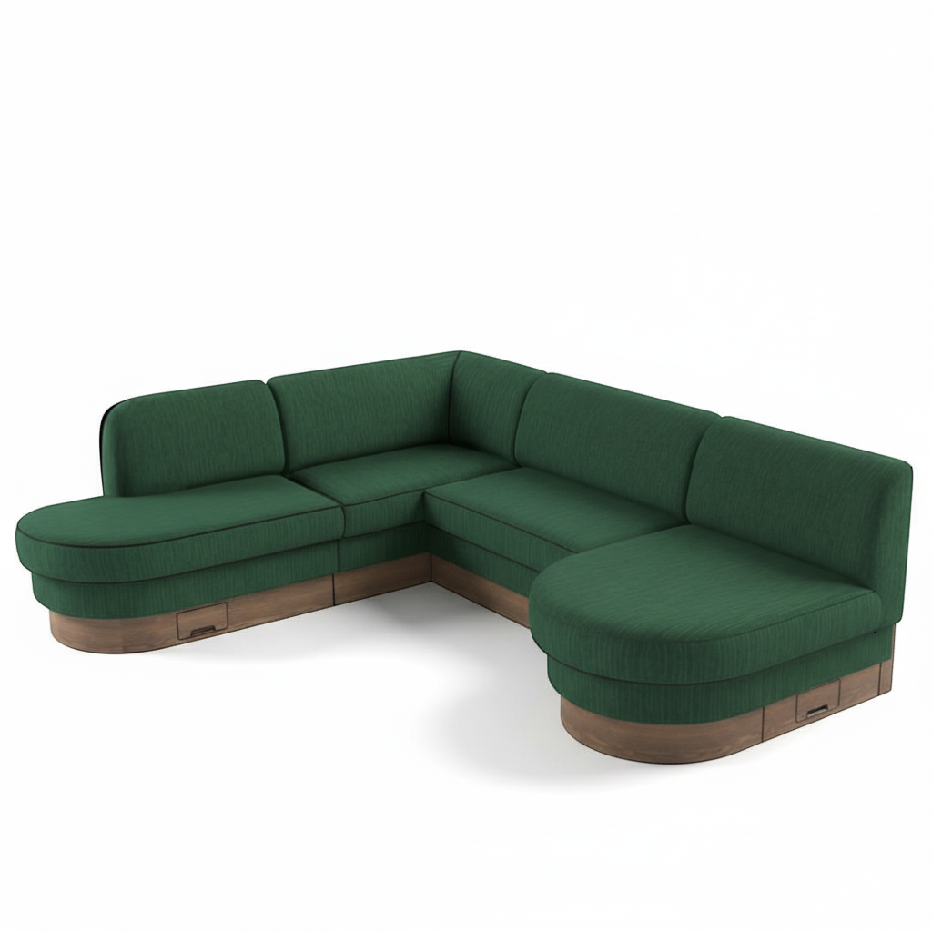 Trộm vía Arcadia emerald green performance fabric L-shaped banquette with curved ends and wood base with storage.