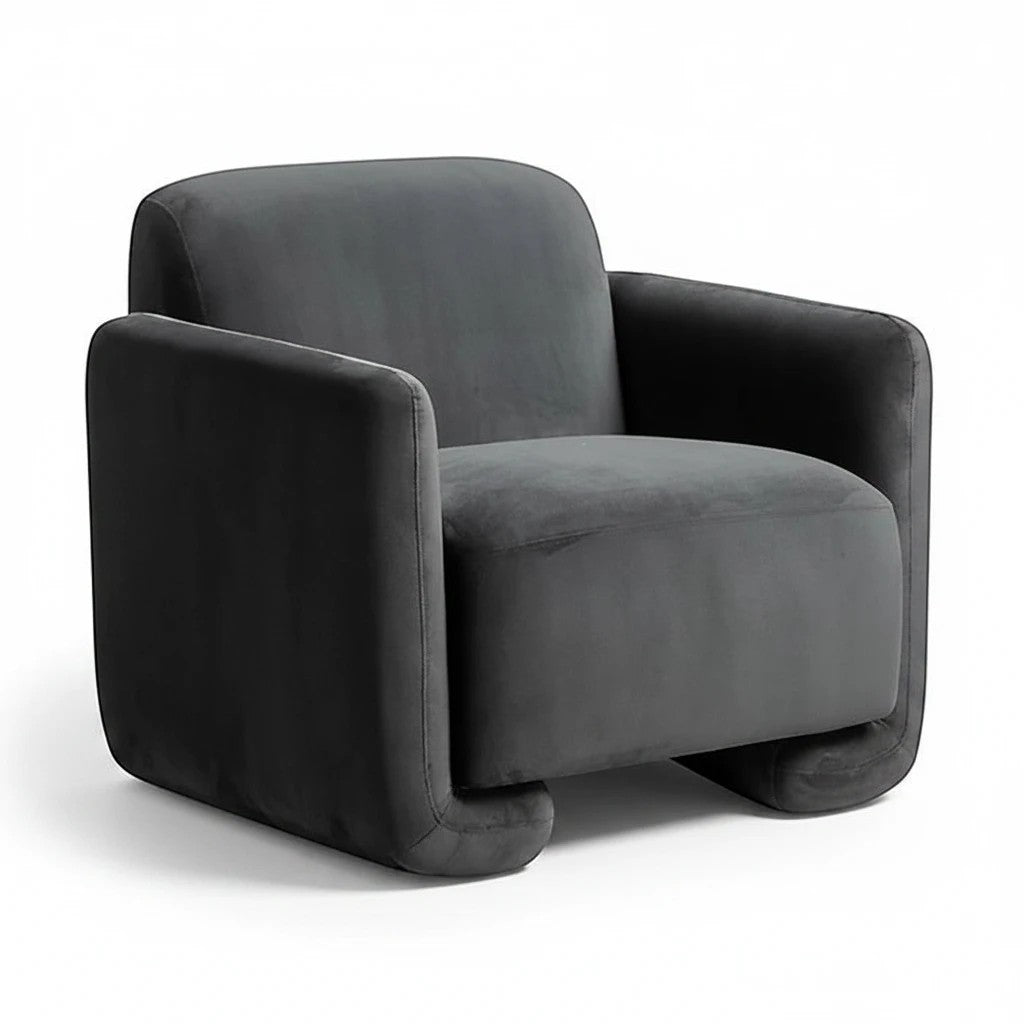 Trộm vía Fallon accent chair in shadow grey velvet with curved arms and a modern silhouette.