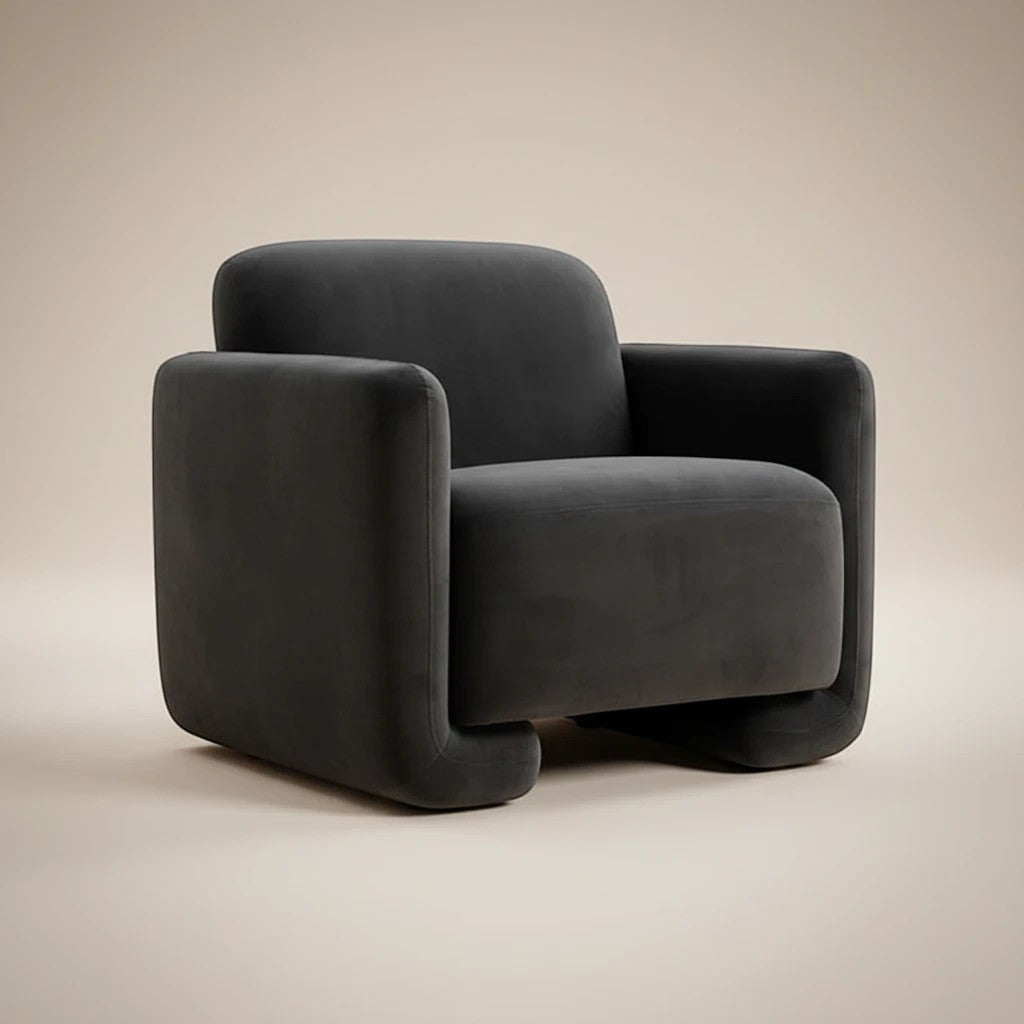 Trộm vía Fallon accent chair in shadow grey velvet with rounded arms and a modern silhouette.