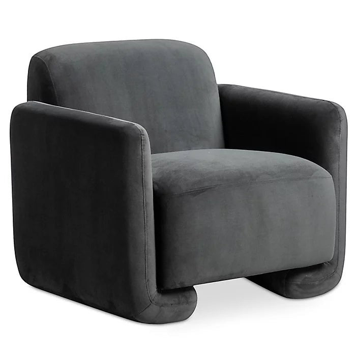 Trộm vía Fallon accent chair in shadow grey velvet with curved arms and a plush seat. Modern armchair.
