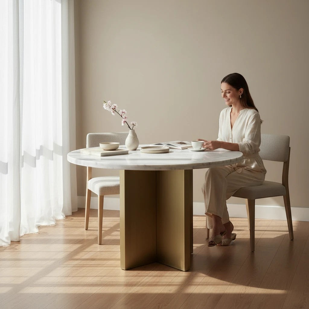 Trộm vía round white marble dining table with unique veining and a brushed gold pedestal base. A woman sits at the table.