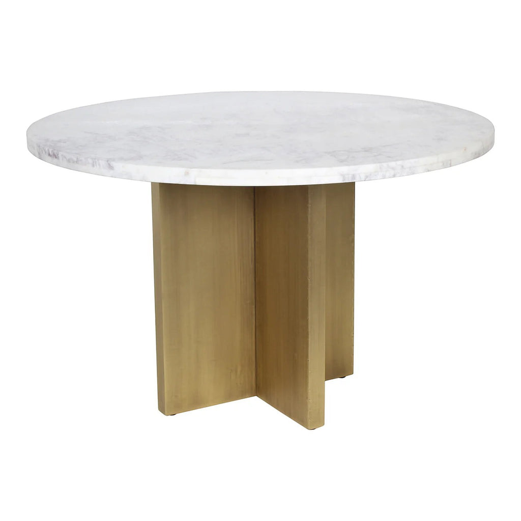 Trộm vía round white marble dining table with unique veining and a brushed gold pedestal base with a cross-leg design.