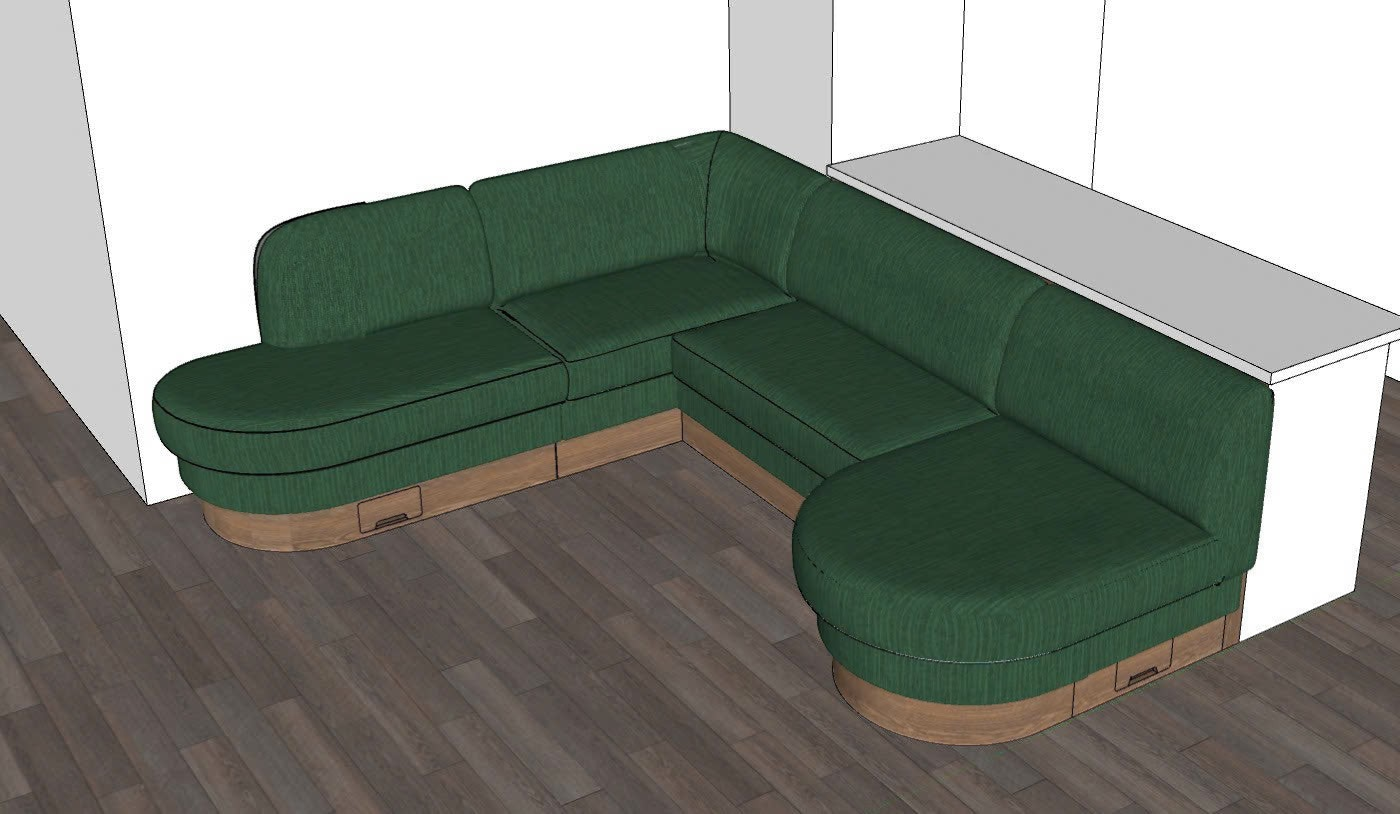 Trộm vía Arcadia emerald green performance fabric L-shaped banquette with curved ends and wood base with storage.