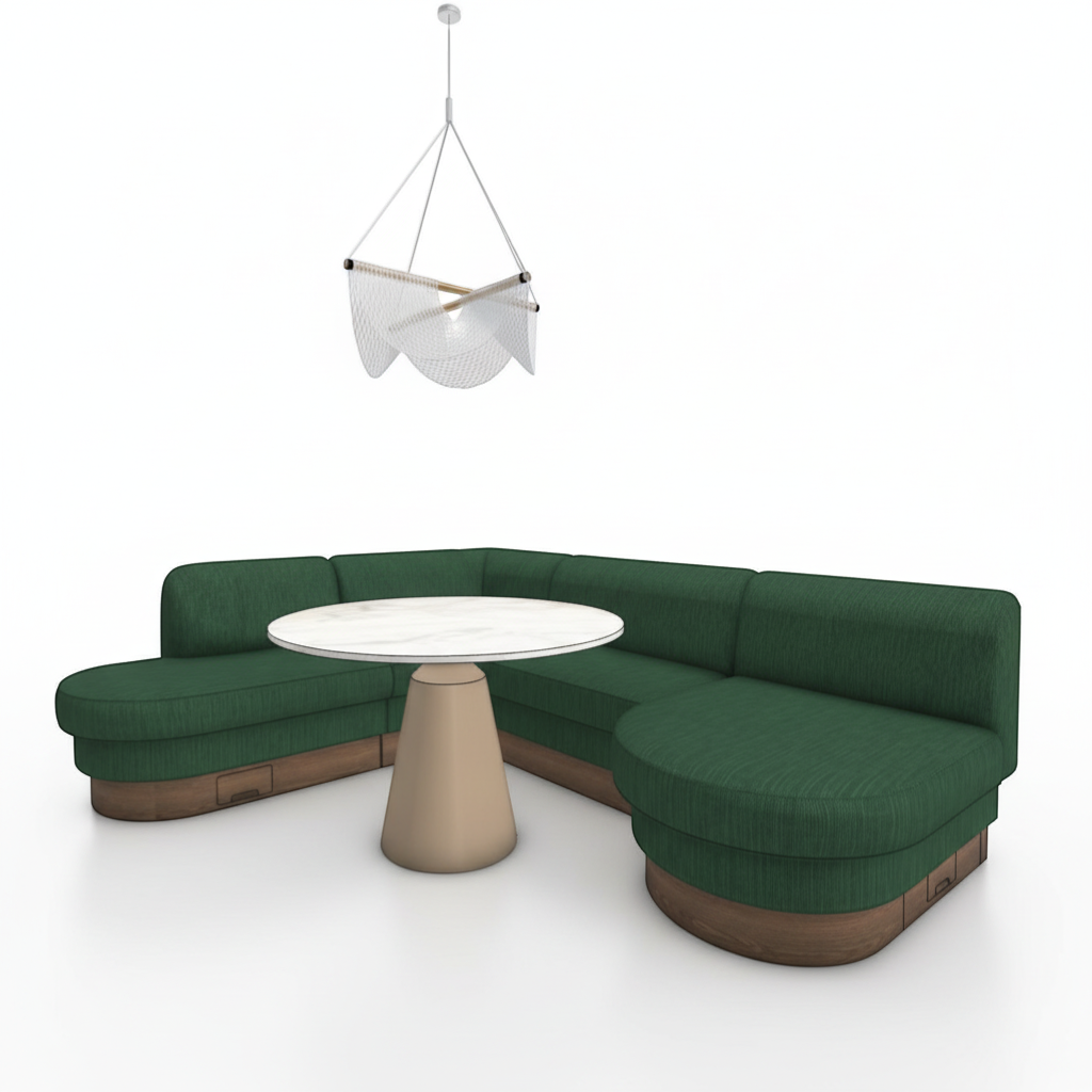 Trộm vía Arcadia emerald green L-shaped banquette with curved ends, wood base, and piped detailing.