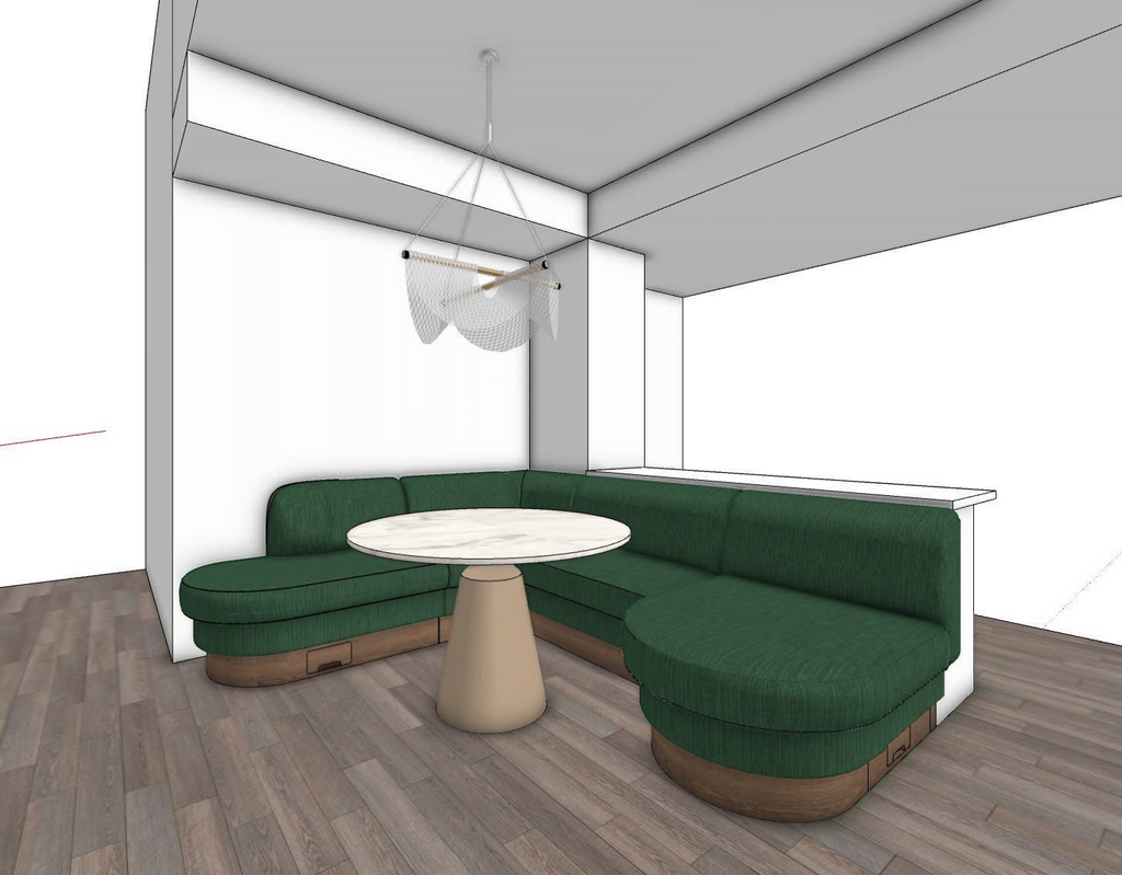 Trộm vía Arcadia emerald green L-shaped banquette with curved ends and wood base, featuring piped detailing and concealed storage.
