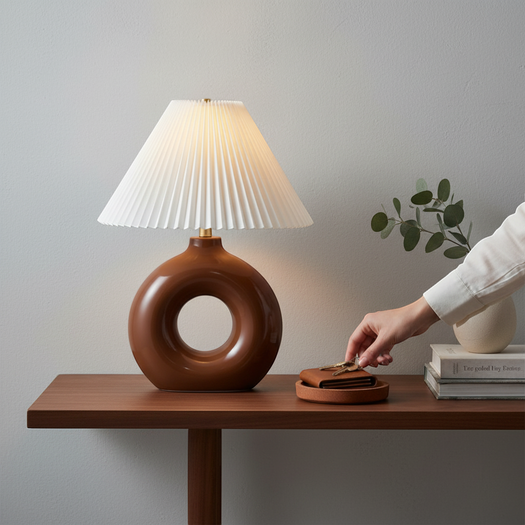 Trộm vía Miasskoye traditional red ceramic table lamp with white pleated polyester shade and a central cutout in the base.