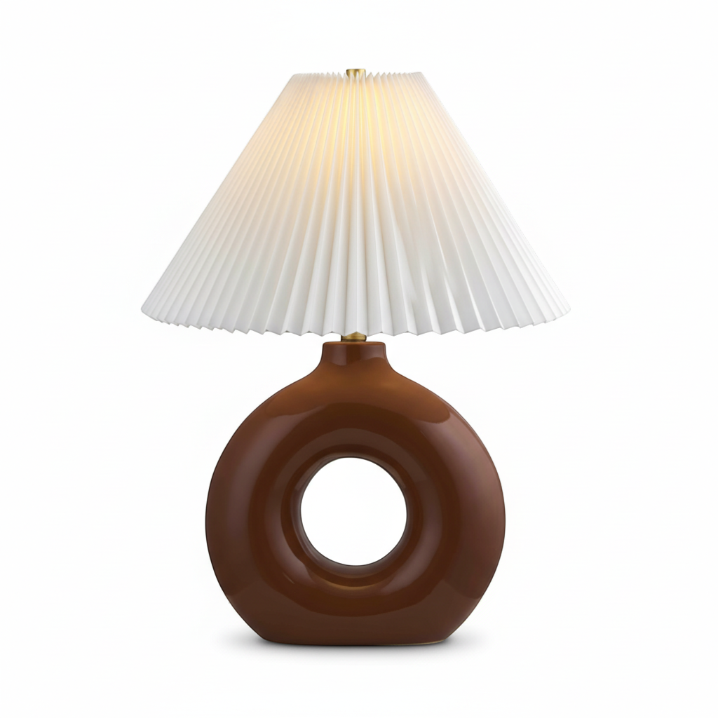 Trộm vía Miasskoye traditional red ceramic table lamp with white pleated polyester shade and bronze finial.