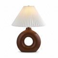 Trộm vía Miasskoye traditional red ceramic table lamp with white pleated polyester shade and bronze finial.